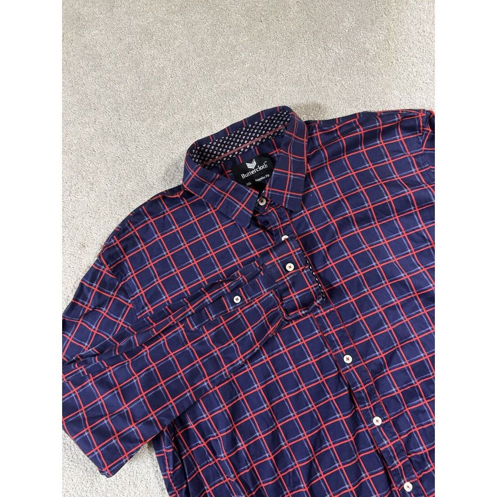 Butter Cloth Shirt Men 3XL Navy Red‎ Plaid Button Up Regular Fit Long Sleeve